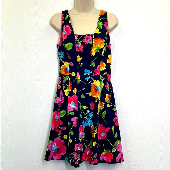 Ralph Lauren - Bright Multi Colored Floral Sateen Cotton Navy Mini Dress Size 6 - Picture 1 of 10